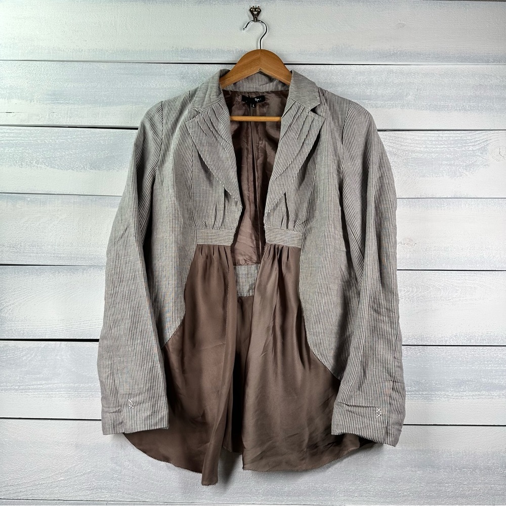 Ryu Stripes Linen Blend Victorian Open Front Blazer